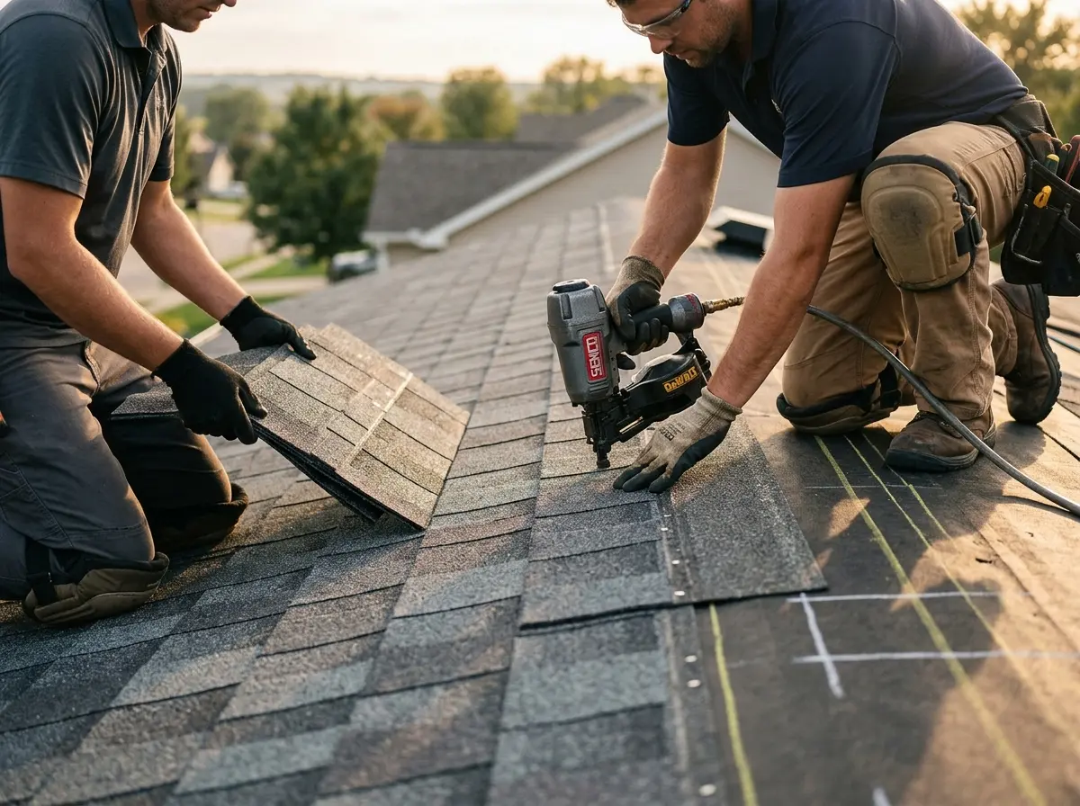 Professional roofer working on a residential roof in Dunbar